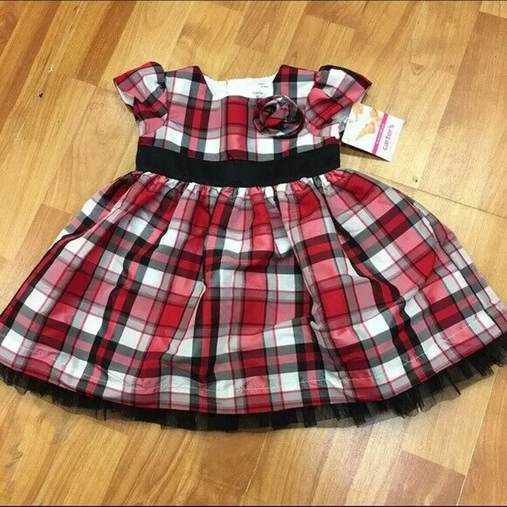 Carter's Girls‎ Dress Sz 6 mo Red Black White Plaid Short Sleeve Holiday NEW